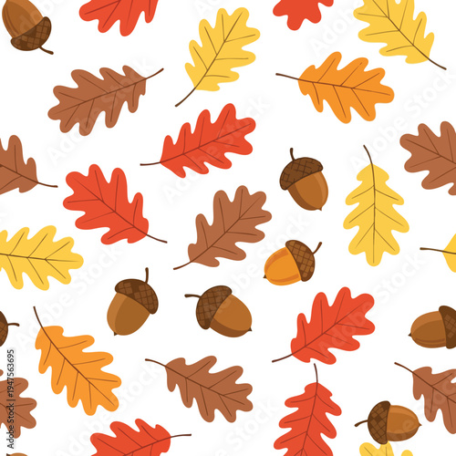 Autumn pattern with acorns and oak leaves in warm colors