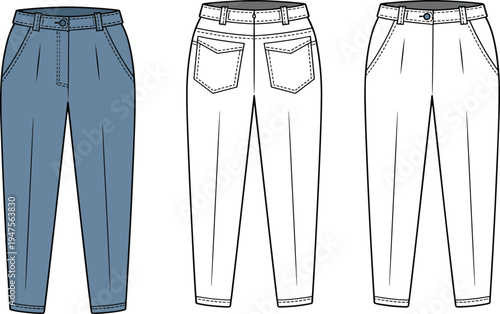 Technical CAD drawing flat vector illustration of women's pleated trousers featuring front pockets back flap pockets and a tapered leg.