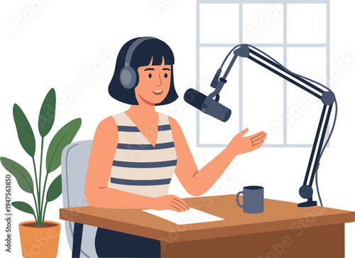 A woman in a striped shirt sits at a desk with a microphone and plant.