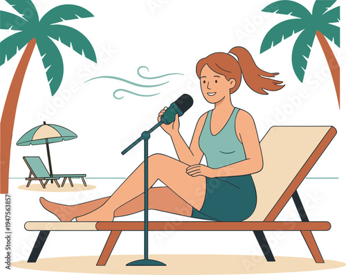 Woman sings into microphone on beach lounge chair near palm trees and umbrella
