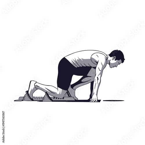 Athlete crouched low in starting blocks, ready to sprint