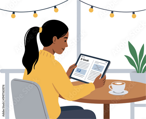 Woman reads book on tablet at cozy cafe table indoors
