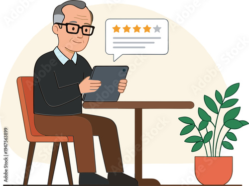 An elderly man sits at a table giving a five-star review on his tablet.