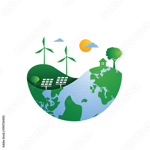 ESG concept of environmental, social and governance people share the planet Earth gear with ecology problem ESG renewable, green, safe green eco energy environmental vector paper cut illustration