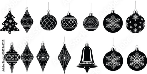 Christmas ornament silhouette collection with baubles snowflakes bell and tree decorations, festive holiday vector icon set isolated for winter design