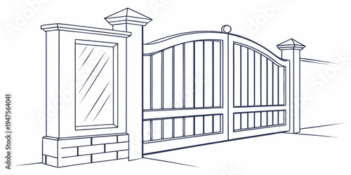 A detailed sketch of a large, ornate gate with stone pillars and a brick base.