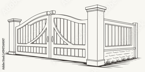 A detailed illustration of a white wooden gate with brick pillars