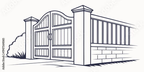 A detailed sketch of a brick wall with a large, ornate gate in the center.