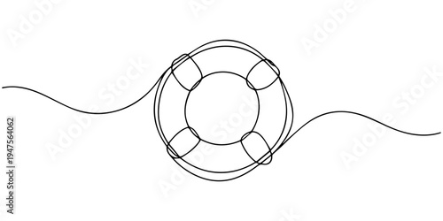continuous one line drawing Vector lifebuoy icon with rope, safety symbol