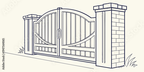 A detailed sketch of a modern double gate with brick pillars and a curved top design