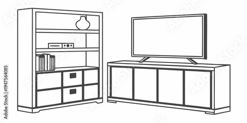 Modern living room furniture set including a television stand and a bookshelf.