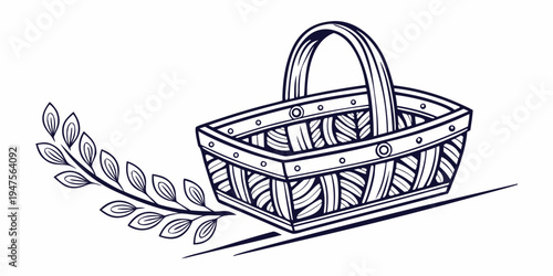 A beautifully woven basket with a handle, placed on a surface with a leafy branch.