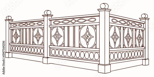 Intricate wrought iron fence with geometric patterns and decorative elements