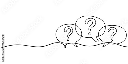 continuous one line drawing Set of 3 question mark icons vector, line art speech bubbles