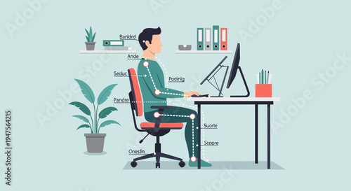 Correct Ergonomic Sitting Posture at Computer Desk: Flat Vector Illustration for Office Health, Workplace Wellness, and Spinal Alignment Guide