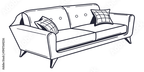 A modern sofa with tufted cushions and wooden legs in a minimalist living room