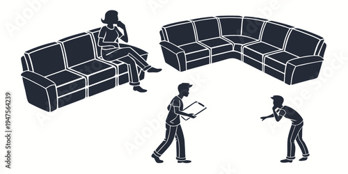 People discussing and examining a large sectional sofa in a living room setting.