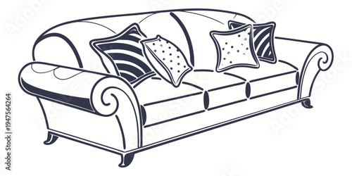 A luxurious white sofa adorned with patterned cushions and pillows.