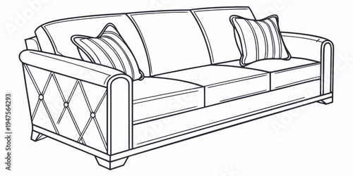 A cozy beige sofa with diamond tufting and decorative pillows