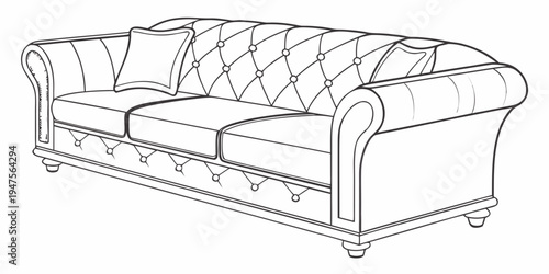 Elegant tufted chesterfield sofa with rolled arms and wooden feet
