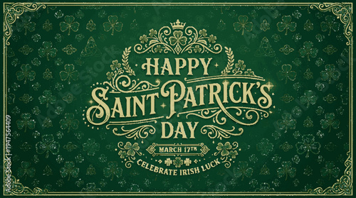 Happy saint patrick's day festive background with gold text on green shamrock pattern