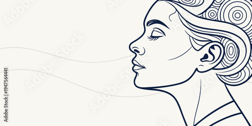 Elegant line art portrait of a woman with intricate swirls and patterns