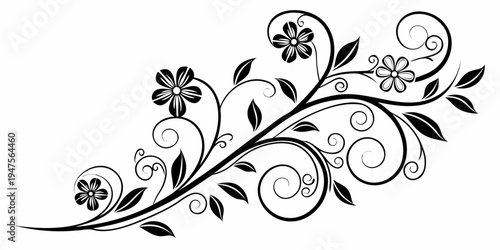 Intricate black and white floral design with swirling vines and delicate flowers