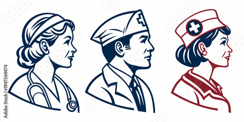 Three women wearing different types of hats, including a nurse, a sailor, and a girl scout.