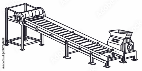 Industrial conveyor belt system transporting materials to a processing machine.