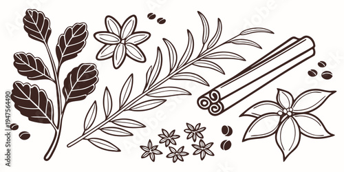 A detailed illustration of various leaves and a cinnamon stick.
