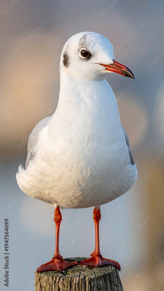 Obraz premium A close-up portrait of a seabird with stark white plumage, standing atop a weathered wooden post, captured in the sunlight