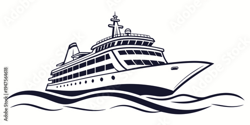 A large cruise ship sailing on calm ocean waters with a clear sky.