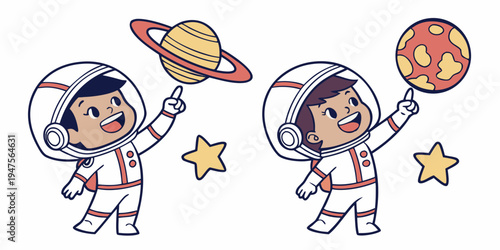 Two astronauts holding a planet and a star while floating in space