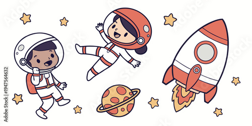 Three astronauts floating in space with a rocket and a planet in the background