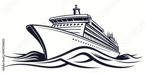 A sleek cruise ship sailing on calm ocean waves with a clear sky.