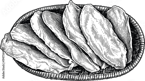 Dried sweet potato slices on traditional wicker tray woodcut drawing