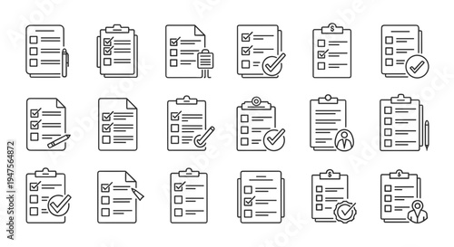 Collection of clipboard icons with checklists and verification marks.