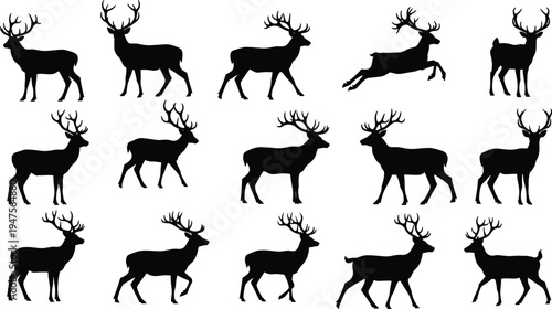 Deer and stag silhouettes collection with different poses including standing, walking and jumping isolated vector illustration for wildlife, hunting, forest and nature design