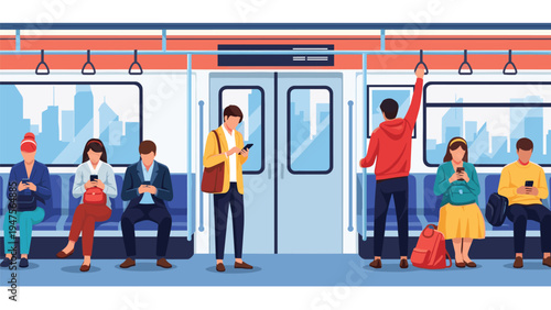 Group of diverse passengers sitting and standing inside a modern subway train car while preoccupied with their mobile smartphones.