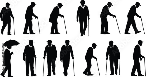 Elderly man walking with cane silhouette collection, senior people mobility poses set, old age lifestyle vector illustration isolated