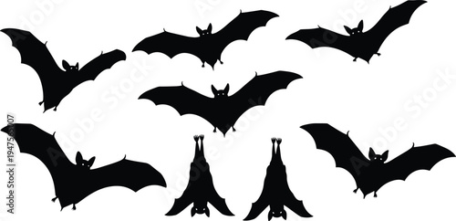 Flying bat silhouettes collection isolated on white background, spooky Halloween bat set for horror design, nocturnal animal vector illustration