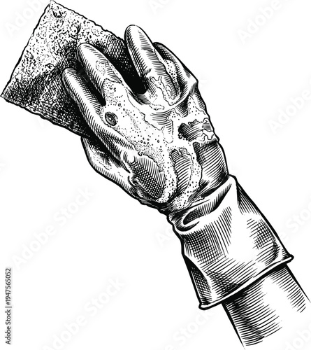 Hand in protective glove holding cleaning sponge engraved illustration