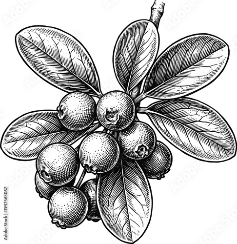 Clusters of ripe blueberries on twig with leaves vintage woodcut art