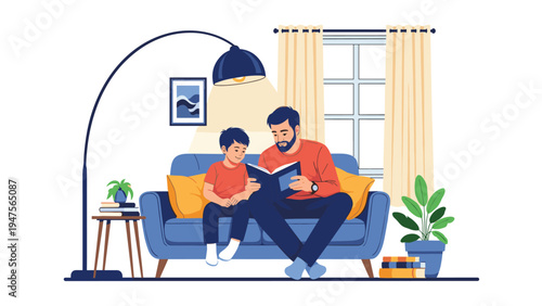 Father and son sit together on a blue sofa reading a book under the warm light of a floor lamp in their cozy home.