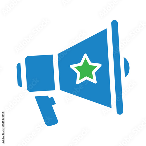 Megaphone with star icon for marketing promotion, special offer announcement, and quality rating, public relations
