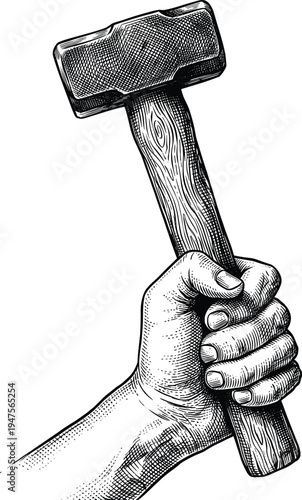 Hand holding sledgehammer vintage illustration