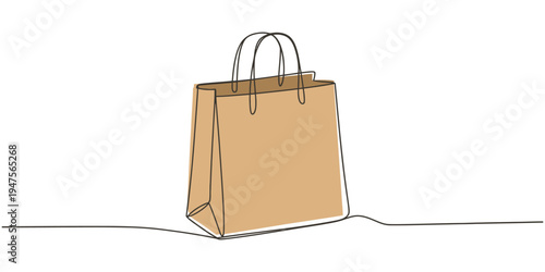 continuous one line drawing Vector illustration of a single brown shopping bag