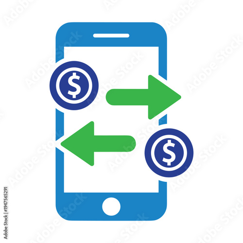 Mobile money exchange icon vector. smartphone payment transfer currency transaction graphic with dollar coin