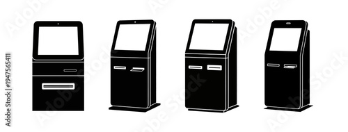Collection of four black kiosks with blank touchscreens and payment slots, suitable for retail and information display