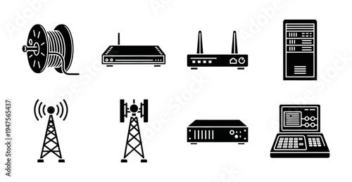 Essential digital infrastructure equipment vector icons including network devices, communication towers, servers, and data hardware for modern technology concepts